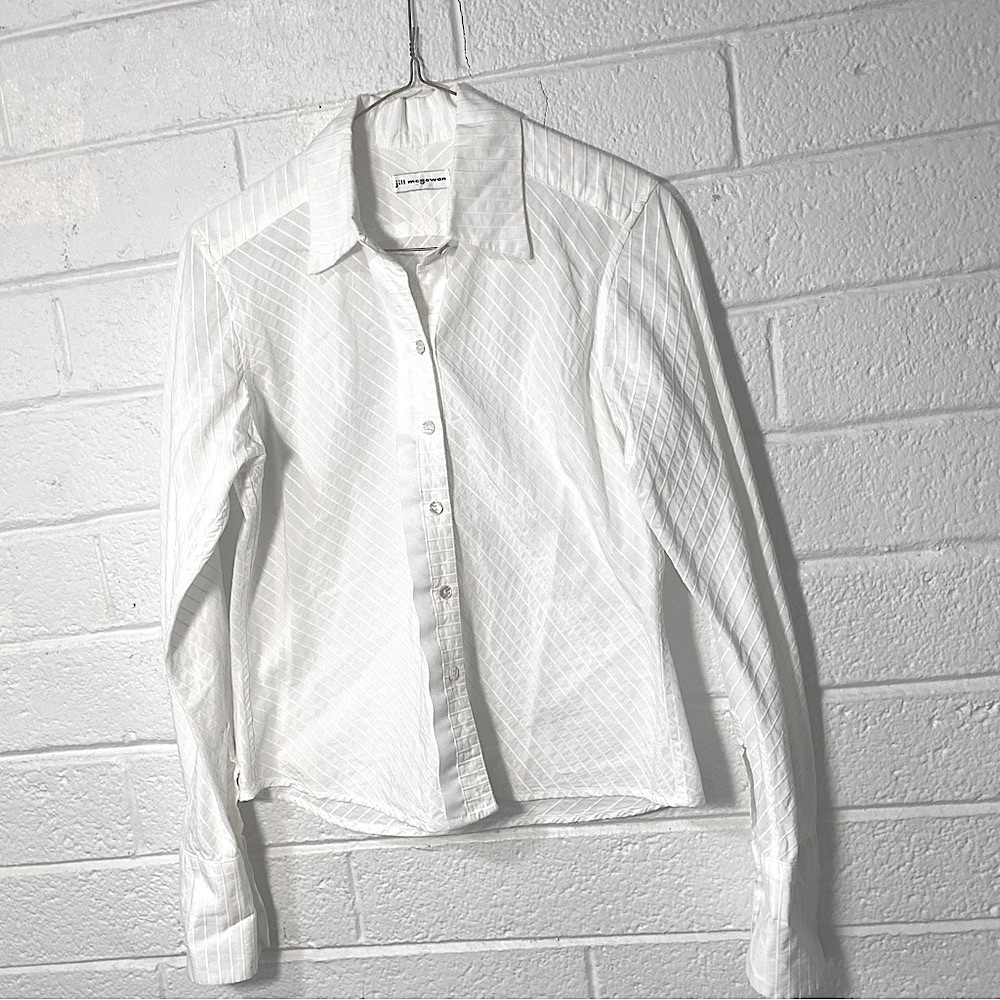 Jill McGowan Dress Shirt Women’s Small White Embroidered Diagonal Stripe Cotton
